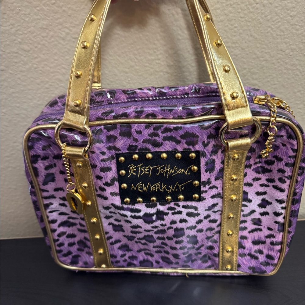 Betsey Johnson Vintage Y2K Purple and Gold cosmetic Bag with Leopard Print
